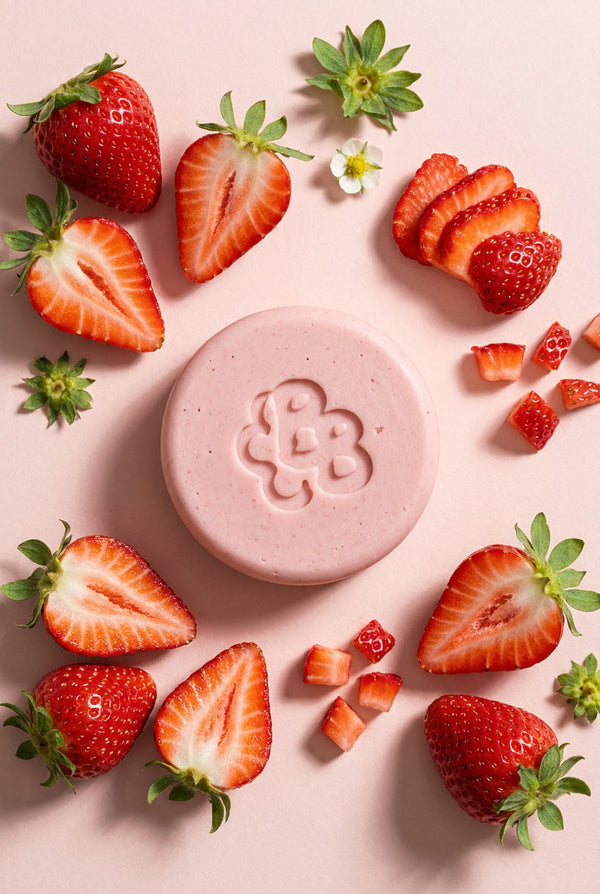 Acondicionador sólido ligero para cabello fino Berry Botanical, berry de fresa vista desde arriba